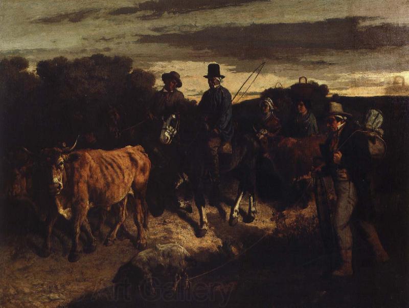 Gustave Courbet bonder atervander till flagey marknanaden France oil painting art